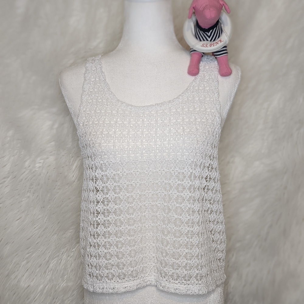 PINK Victoria's Secret Crochet Lace S White Tank Top